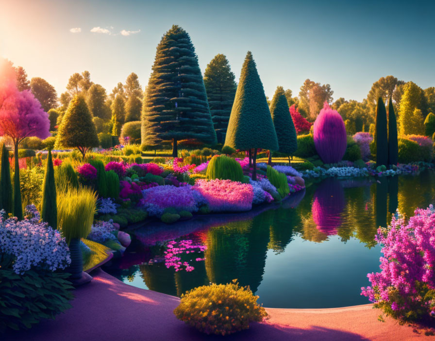 Tranquil garden with assorted flowers and topiary trees by a pond at sunset