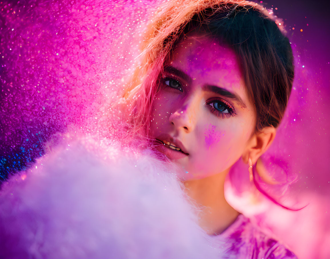 Colorful Powder on Young Woman's Face Surrounded by Pink and Purple Cloud Effect