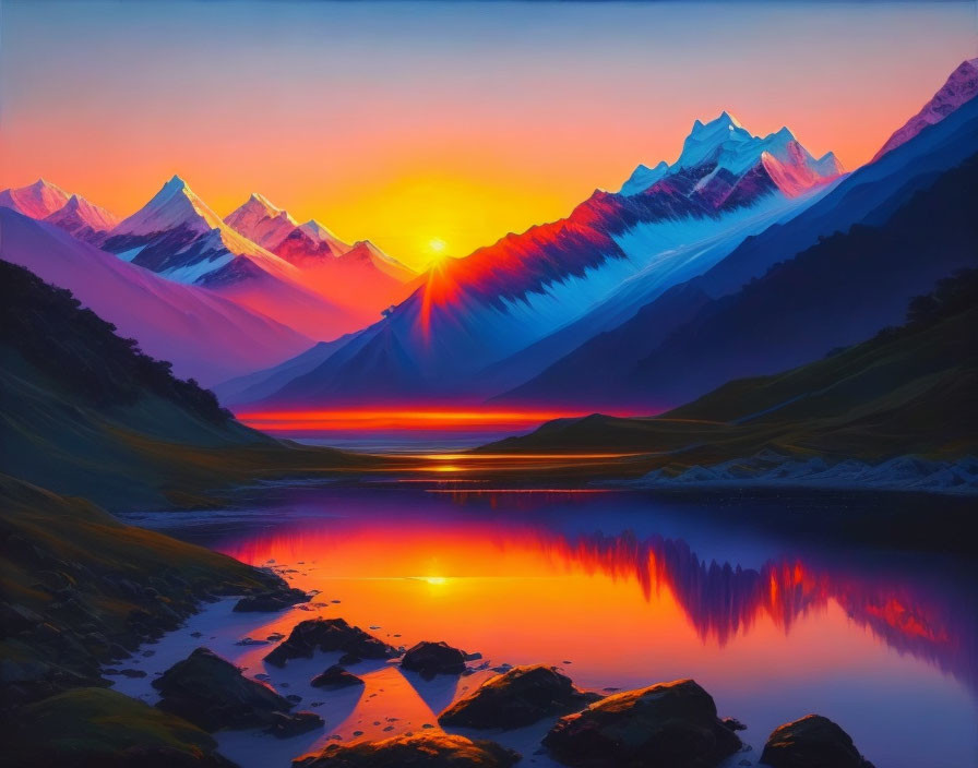 Snow-Capped Mountains Sunset Reflecting on Serene Lake