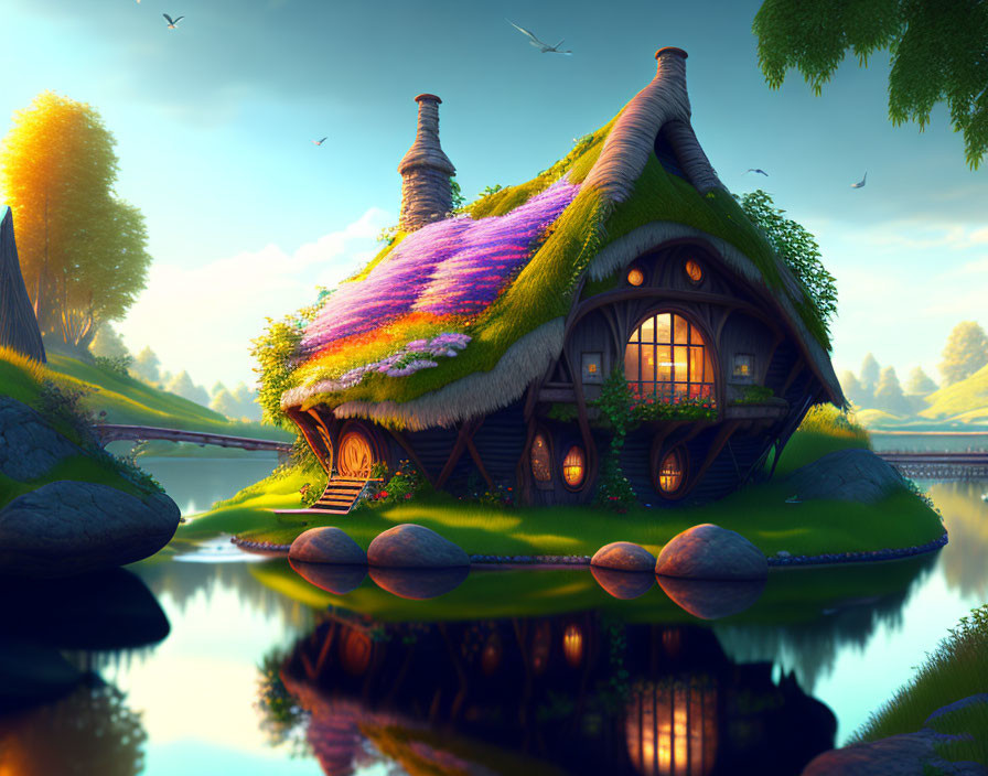 Fairy Tale Cottage with Grass Roof by Riverside