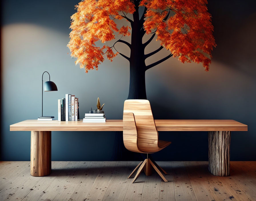 Contemporary office setup with wooden desk, chair, lamp, books, against blue wall with orange tree