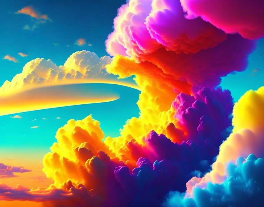 Surreal cloudscape with vibrant colors and comet-like trail