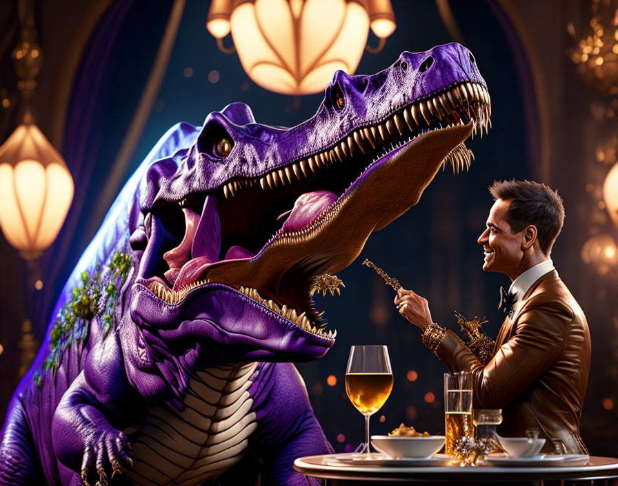 Man in suit dining with smiling purple dinosaur under elegant lantern backdrop