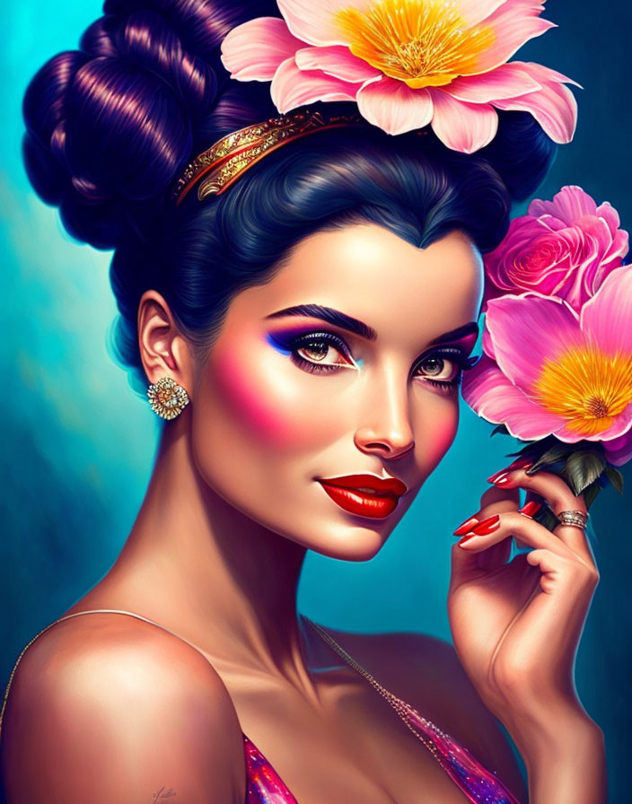 Vibrant makeup woman with pink flowers in hair & golden headband