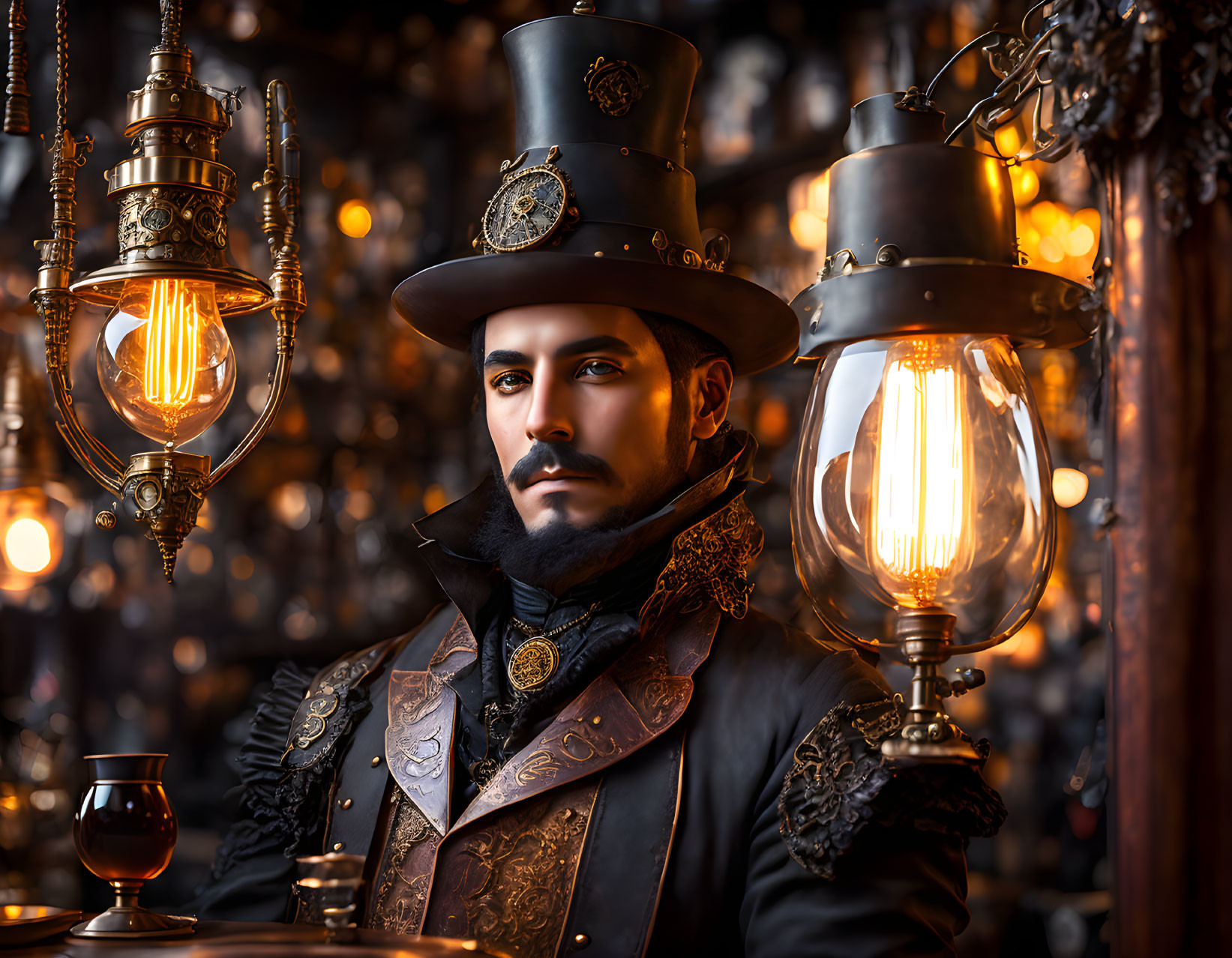 Victorian-era steampunk man in top hat and embroidered coat poses in ornate room