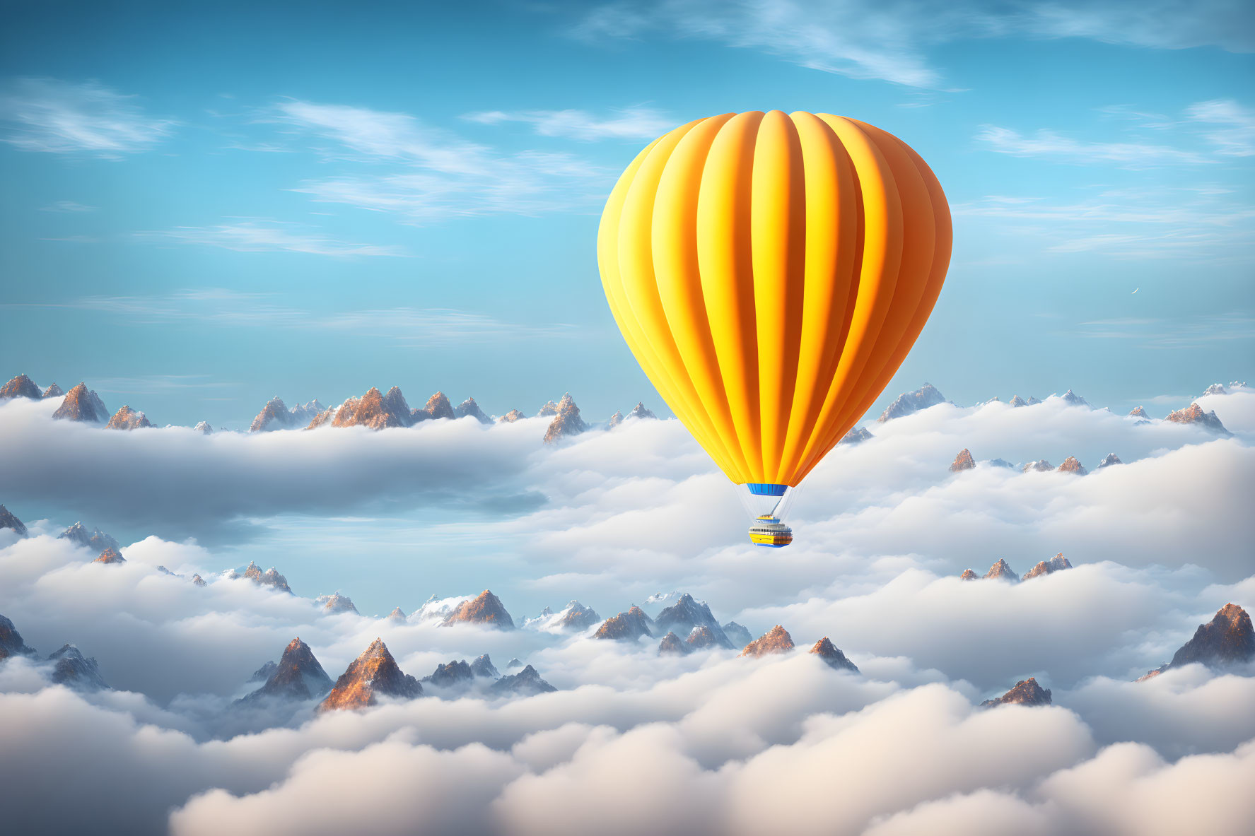 Colorful Striped Hot Air Balloon Soars Over Mountain Landscape