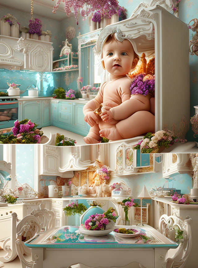 Whimsical Baby in Pastel Kitchen with Vintage Appliances