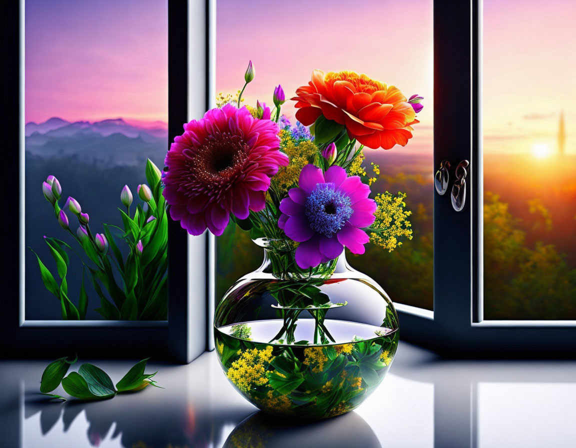 Vibrant Flowers in Glass Vase on Reflective Surface with Sunset View