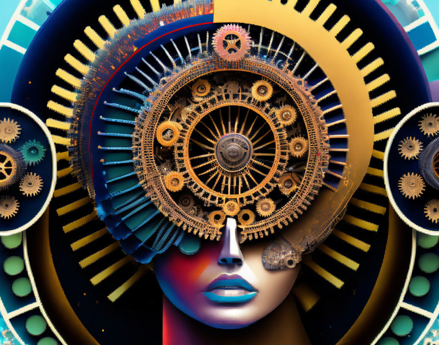 Surrealist digital artwork: humanoid face with clockwork features on vibrant background