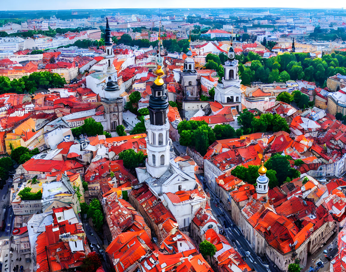 Vibrant historic city with red-roofed buildings and church spires under cloudy sky