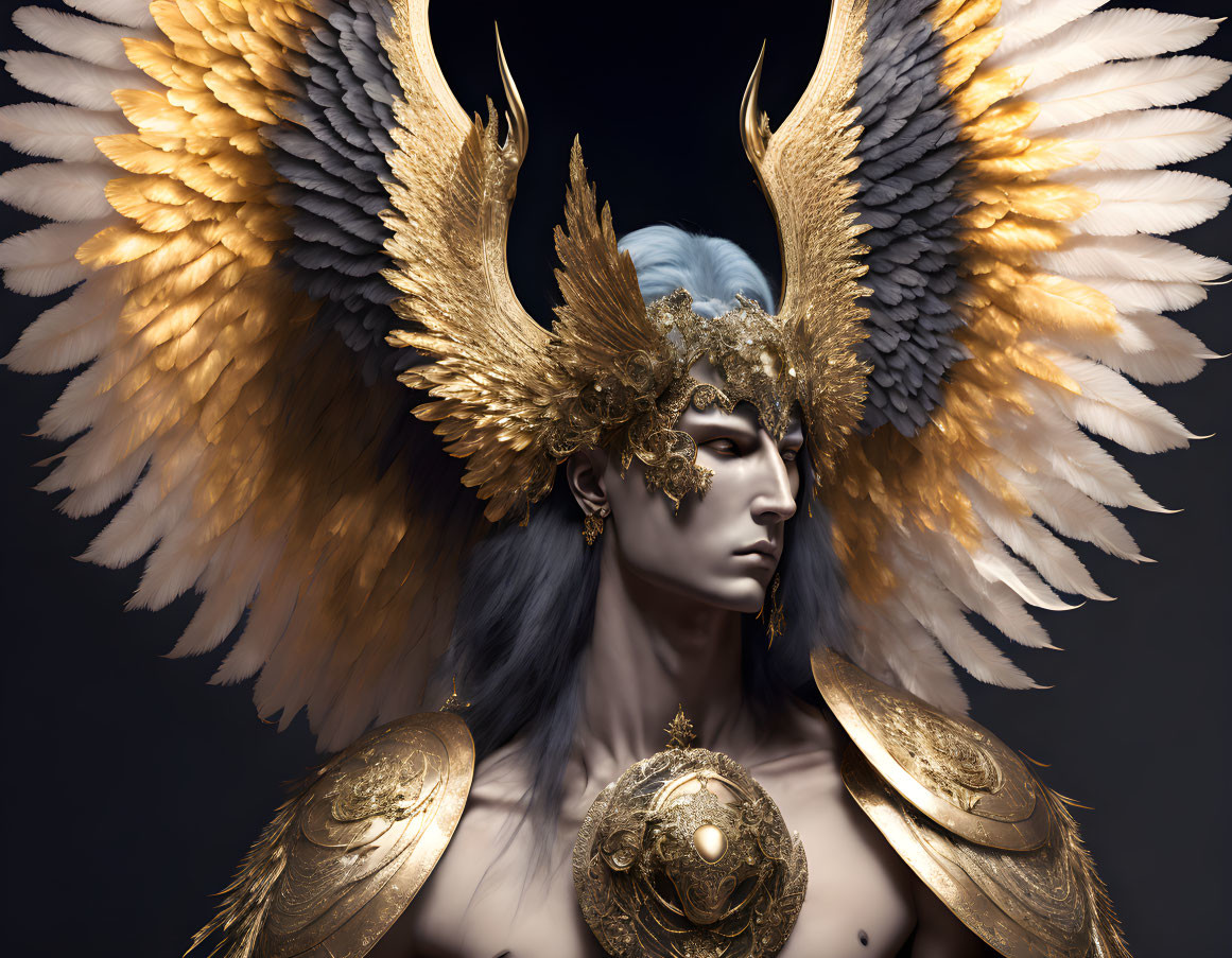 Blue-skinned figure in golden armor with white wings on dark background