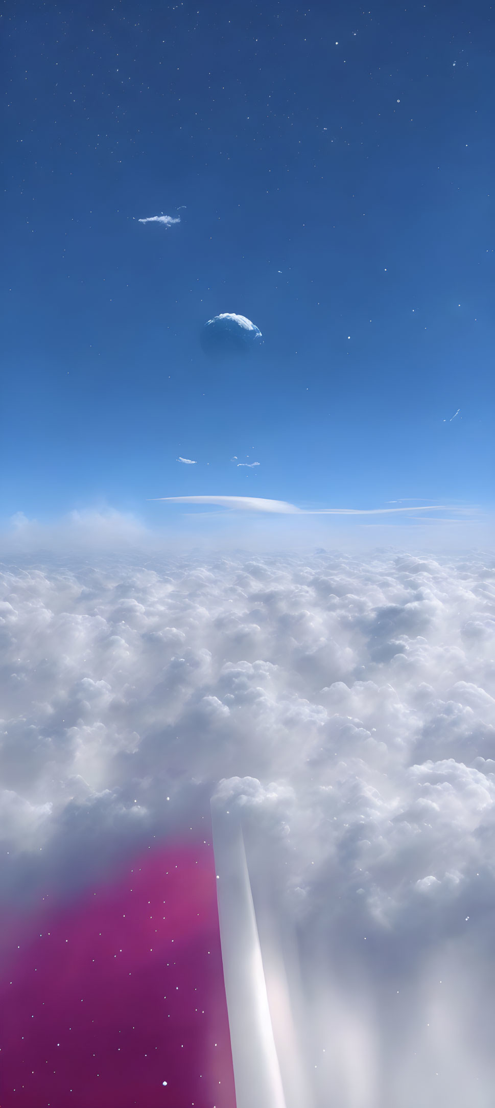 Airplane window view of vast cloud cover, clear blue sky, starry space, and wingtip