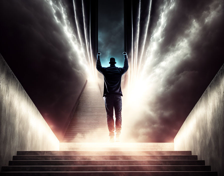 Person on Staircase with Arms Raised Under Intense Light Beams