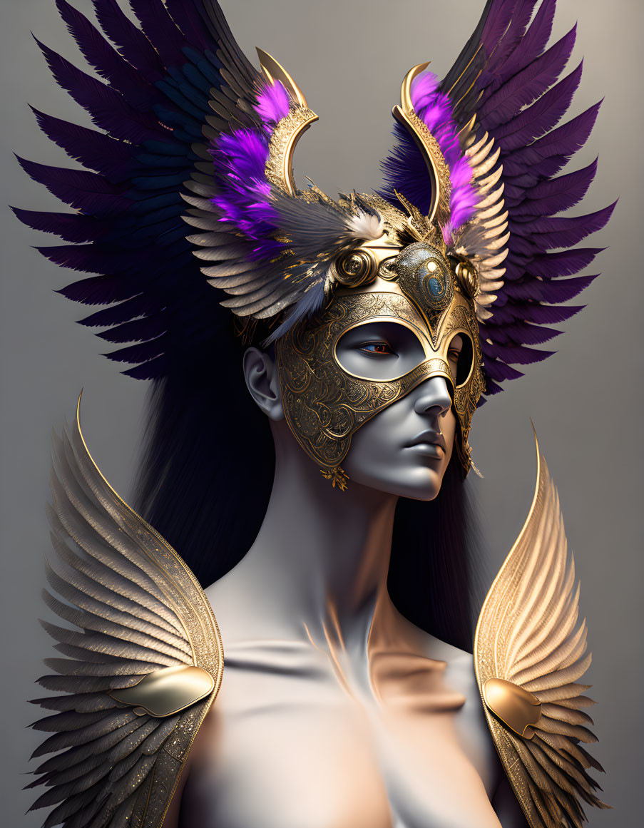 Person wearing a golden mask with wing and feather designs in purple, gold, and white