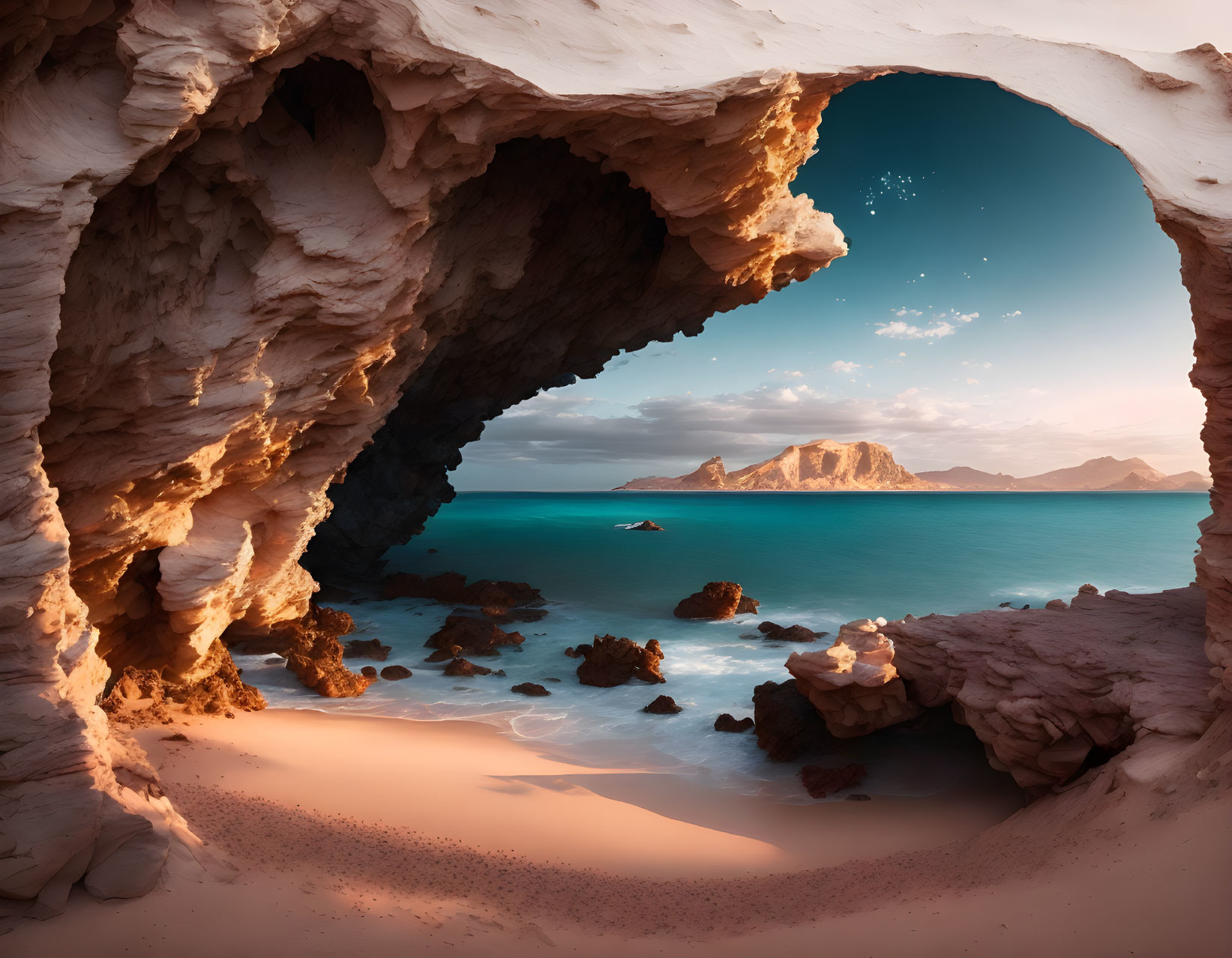 Ocean vista through cave opening: sandy shores, distant mountains, clear sky