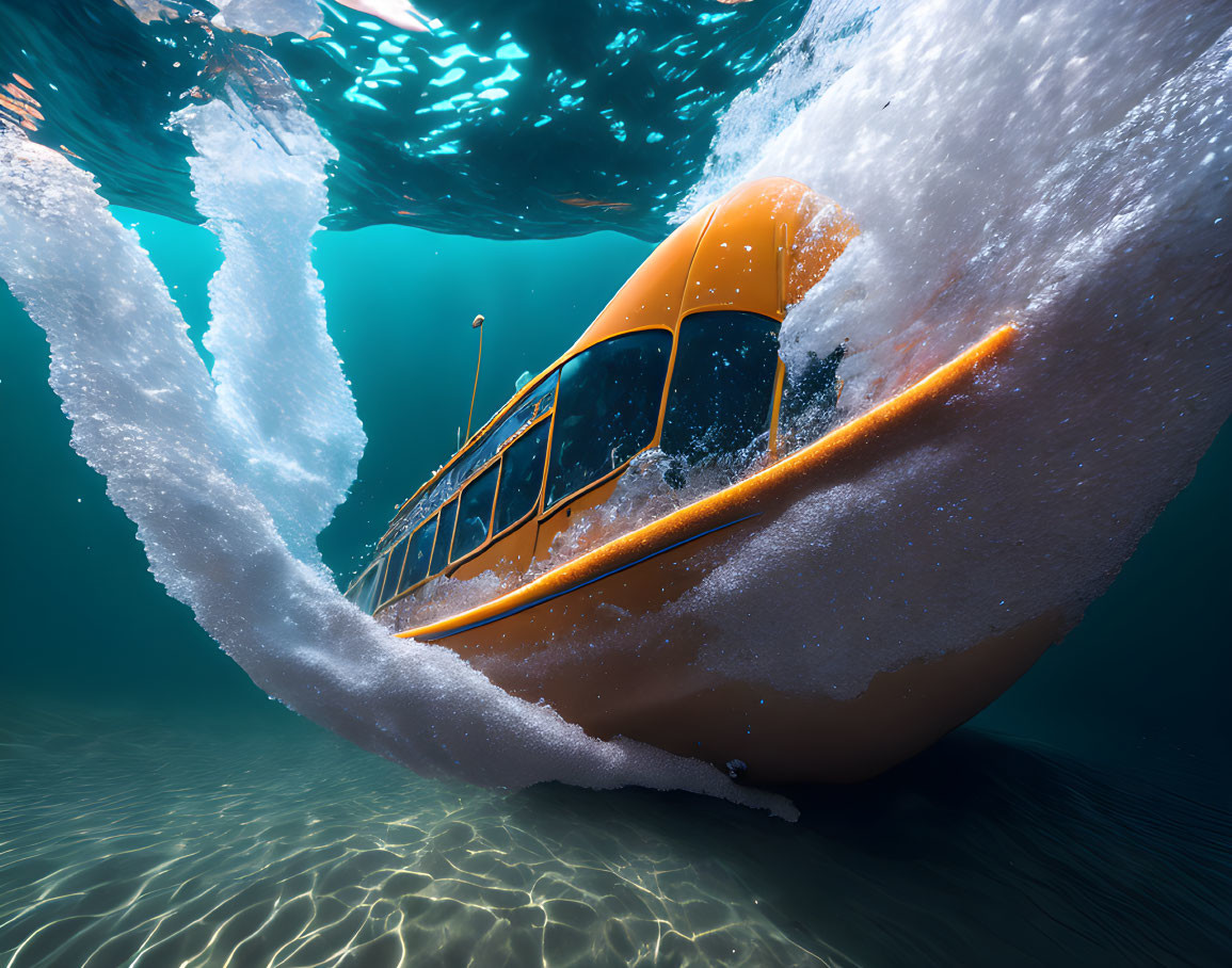 Yellow submarine surfacing underwater with dynamic water splashes.