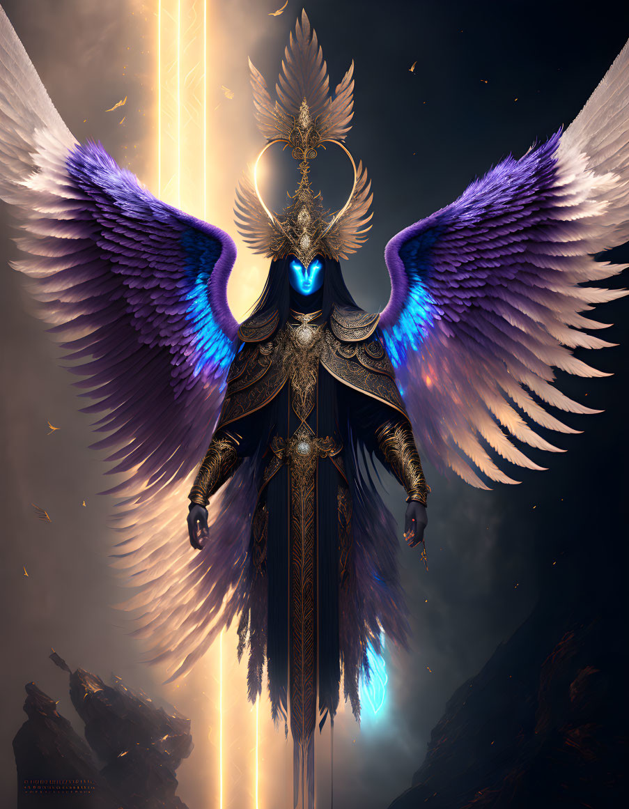 Majestic figure with blue and white wings in golden armor and feathered helmet