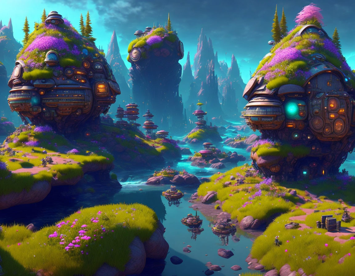 Fantasy landscape with floating islands, futuristic buildings, purple flora, and alien sky