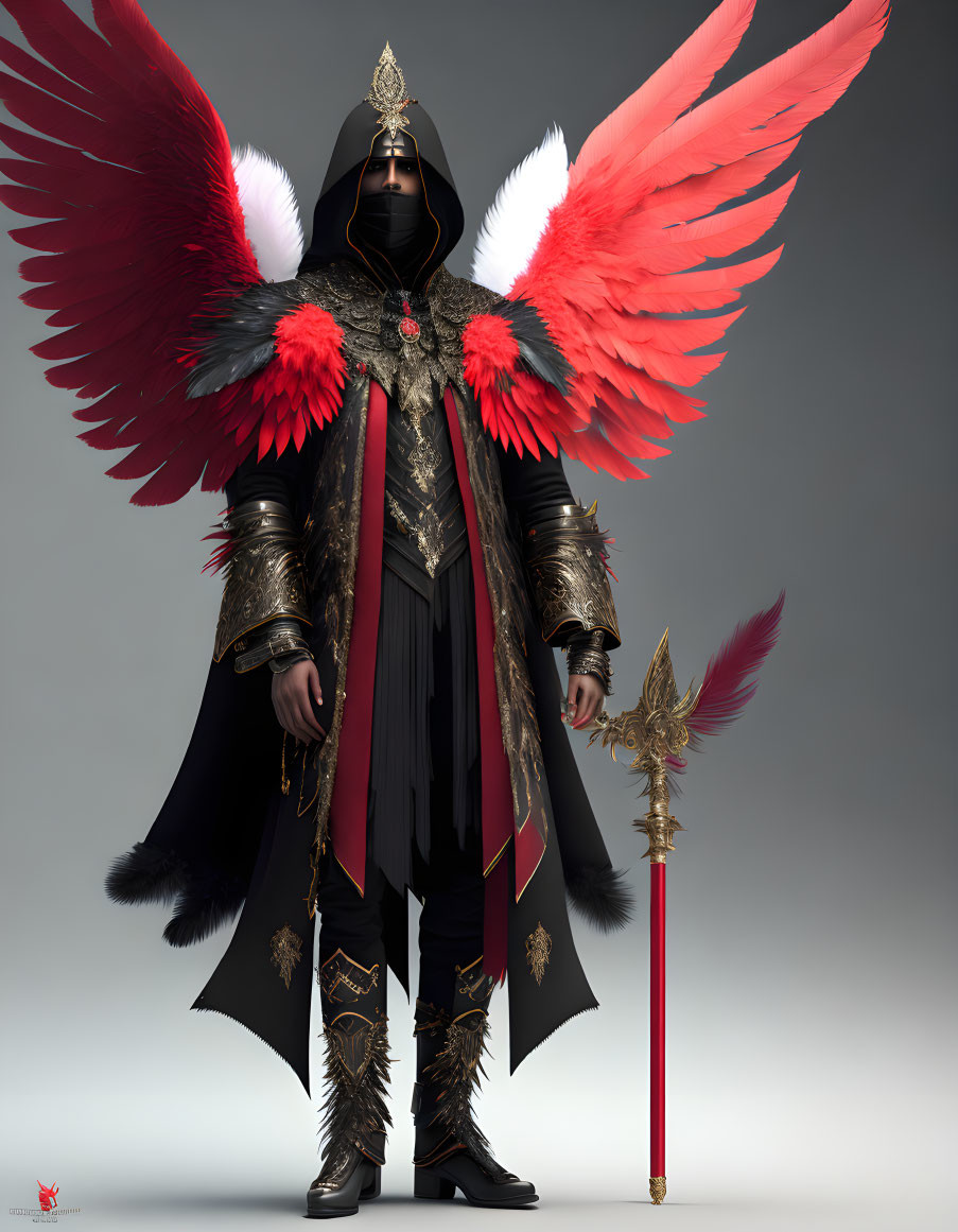 Fantasy figure in red feathered wings and elaborate armor with staff