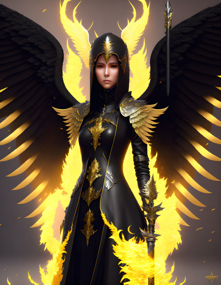 Golden-winged stoic character in ornate armor with spear and mystical aura