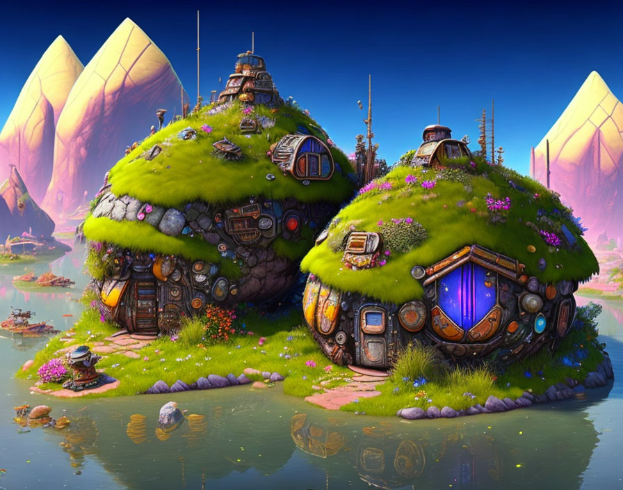 Fantasy landscape with dome-shaped houses, greenery, flowers, mountains, and blue sky.