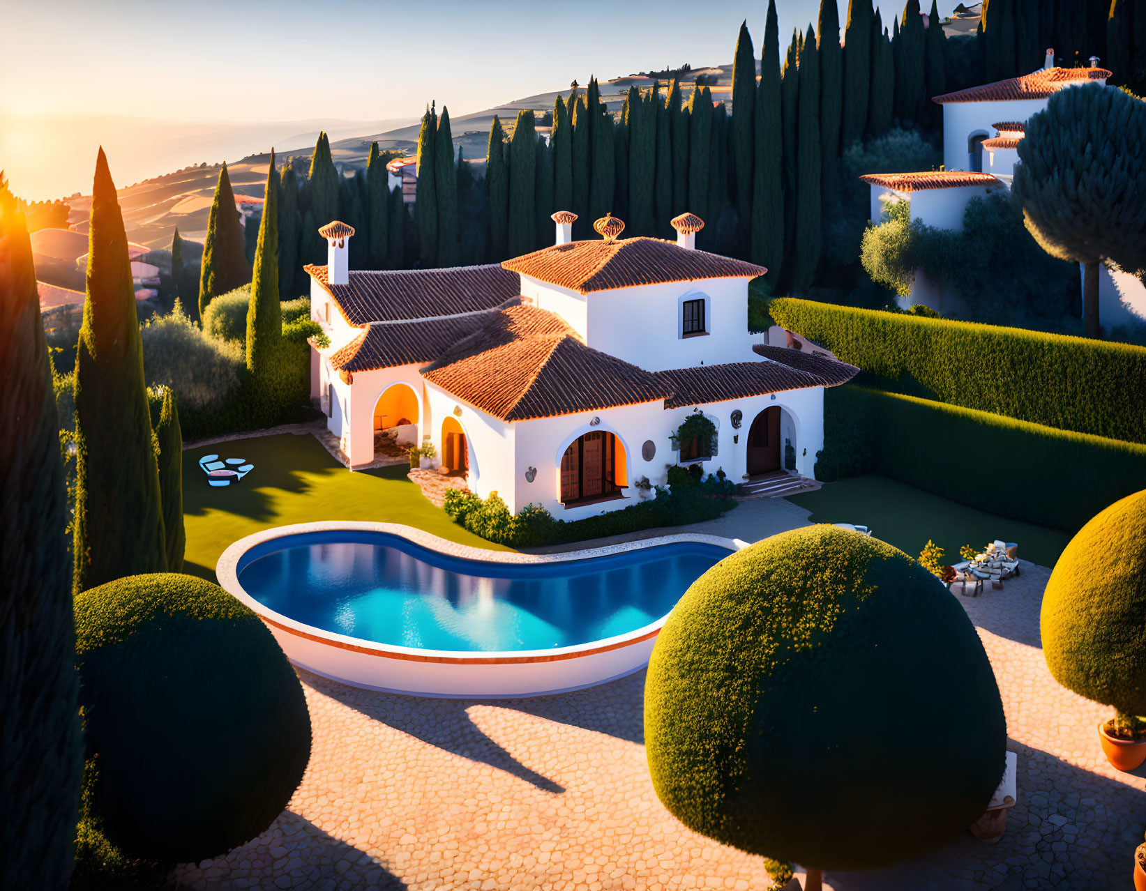 Luxurious villa with pool, manicured gardens, topiary, and sunset glow.