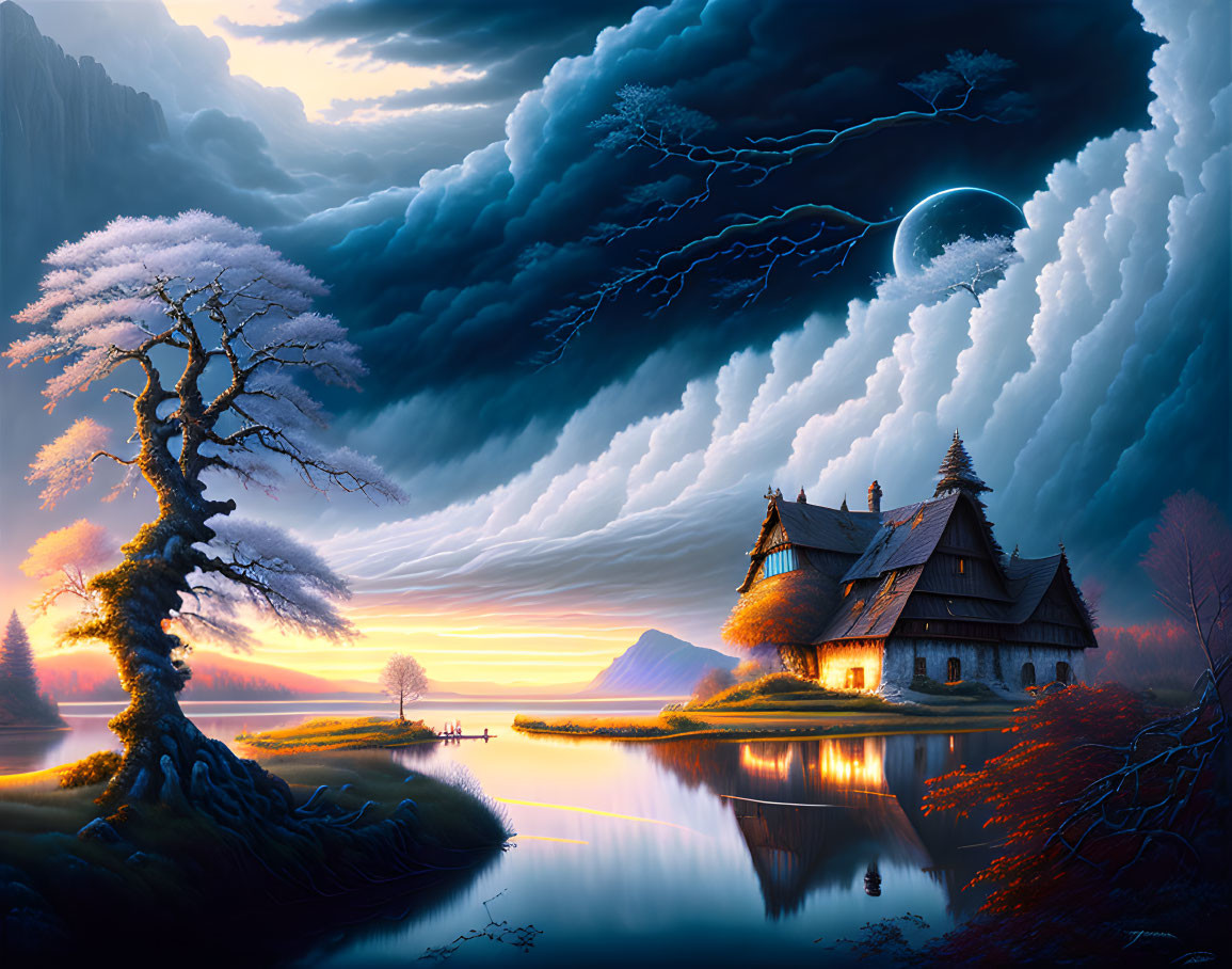 Fantastical landscape with serene lake, blossoming tree, quaint cottage, stormy sky, and