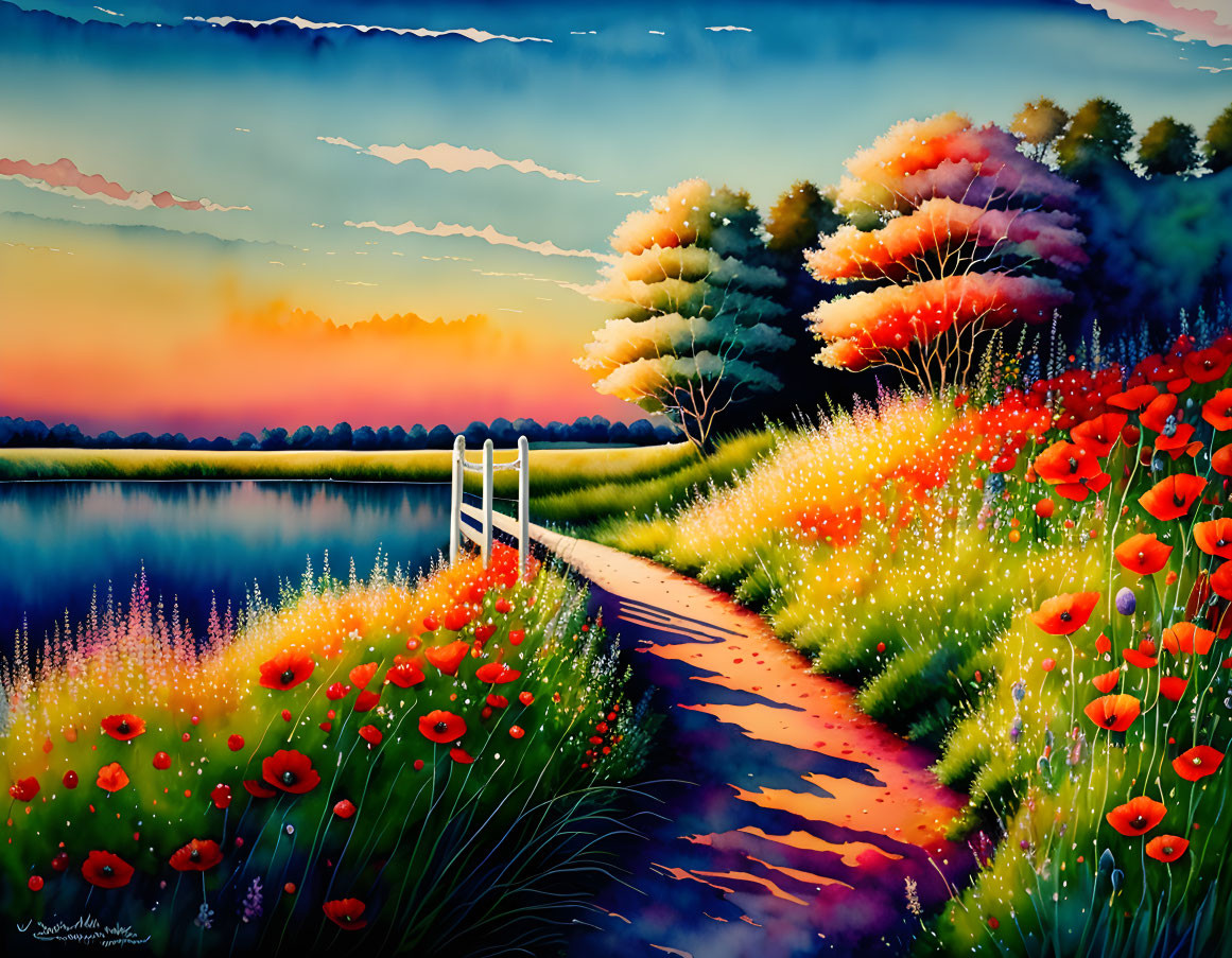 Colorful Lakeside Sunset Painting with Dock, Path, Poppies, Trees, and Dramatic