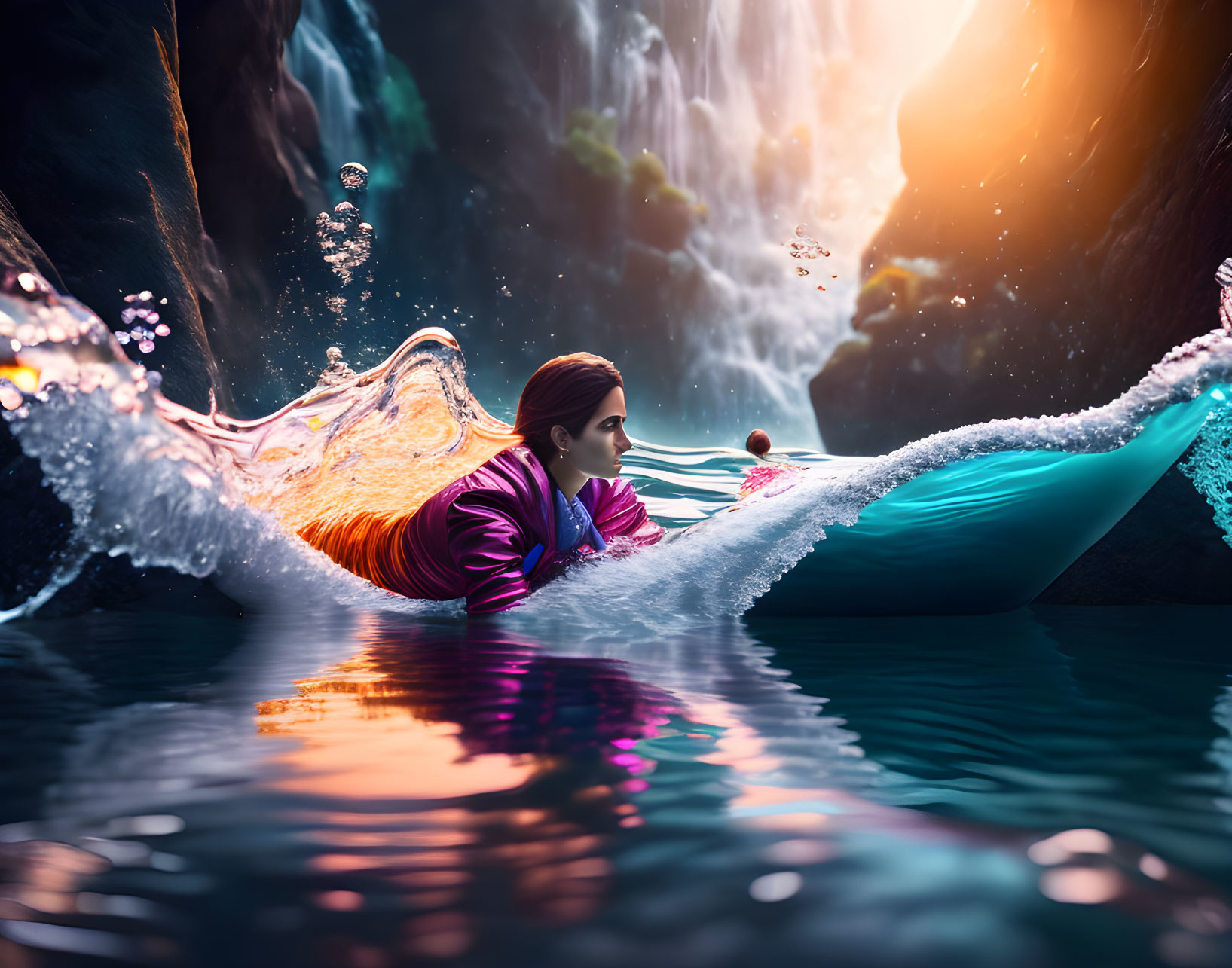 Person in Vibrant Jacket Floating in Mystical Cave with Sunlight and Waterfalls