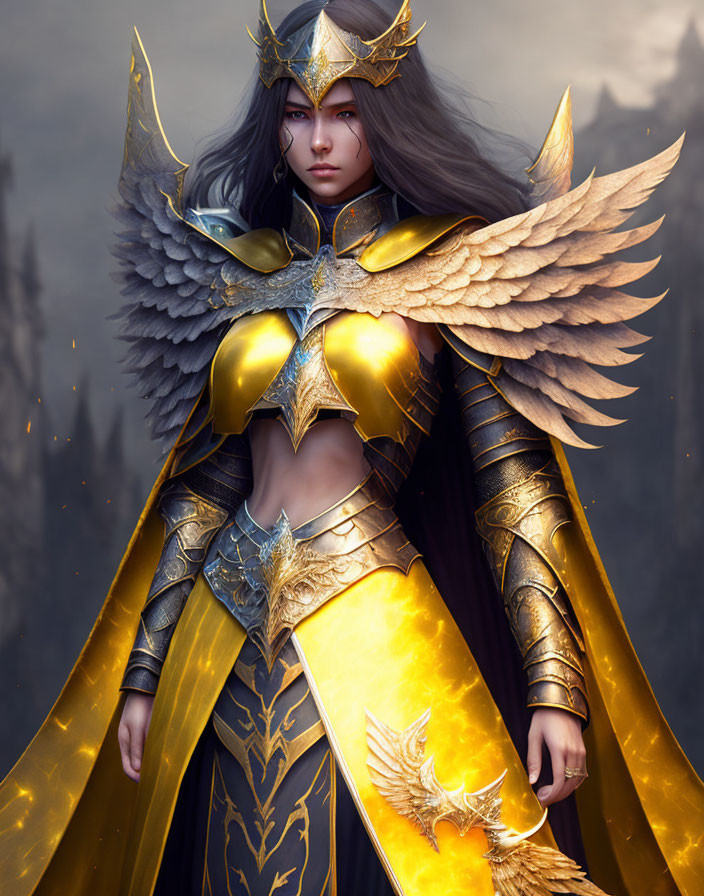 Female warrior in golden armor with wing motifs and yellow cape against gloomy backdrop