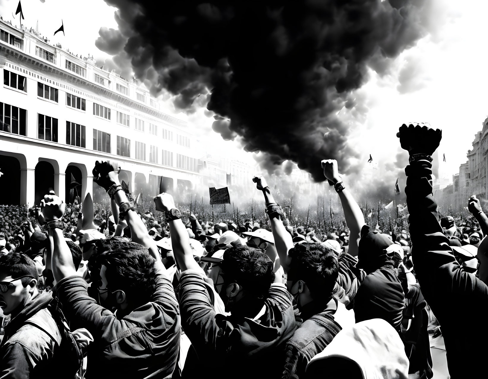 Monochrome image of protesters with raised fists in urban protest