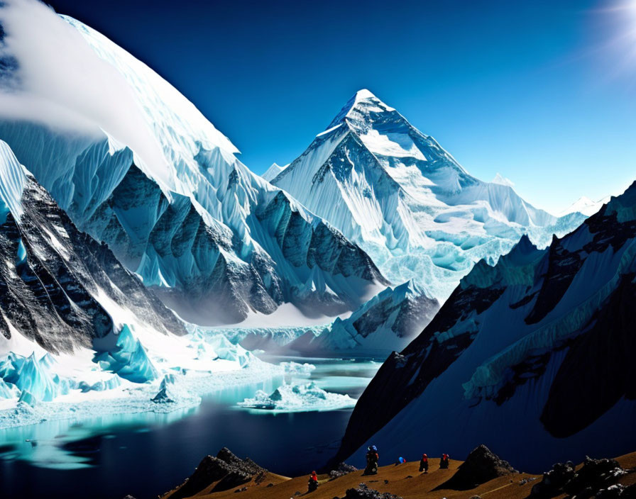 Hikers near glacier with snow-capped mountain under blue sky