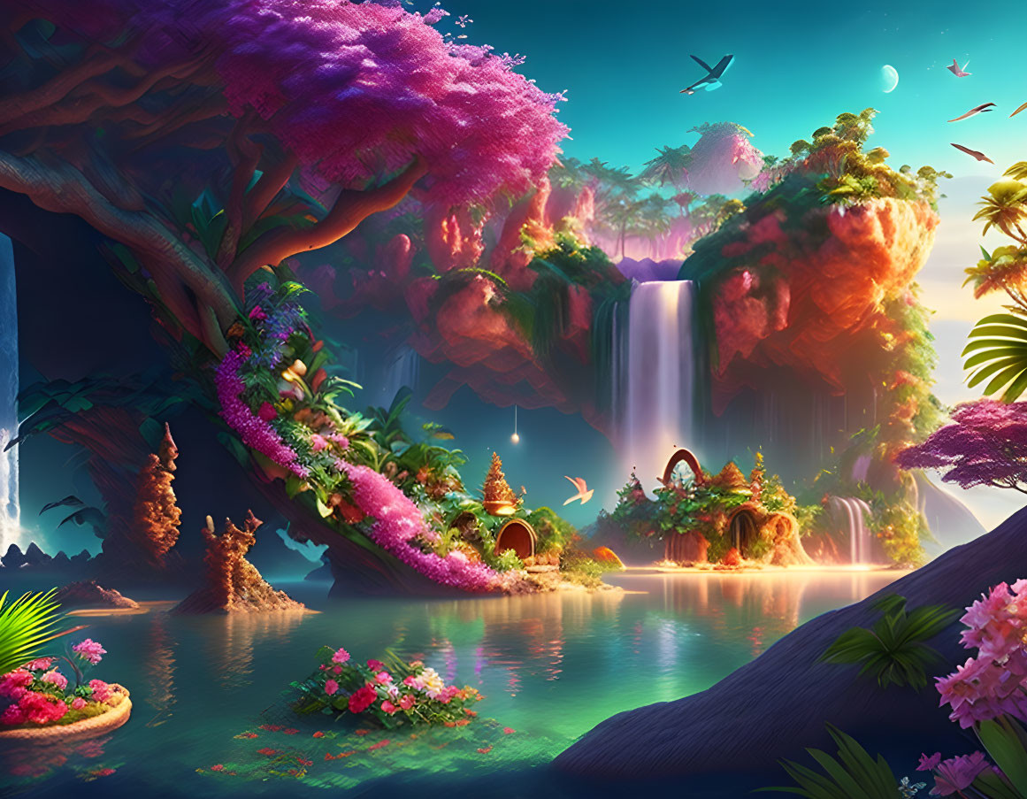 Colorful Fantasy Landscape with Floating Islands and Waterfalls