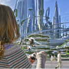 Colorful futuristic cityscape with sleek skyscrapers and greenery under clear blue sky