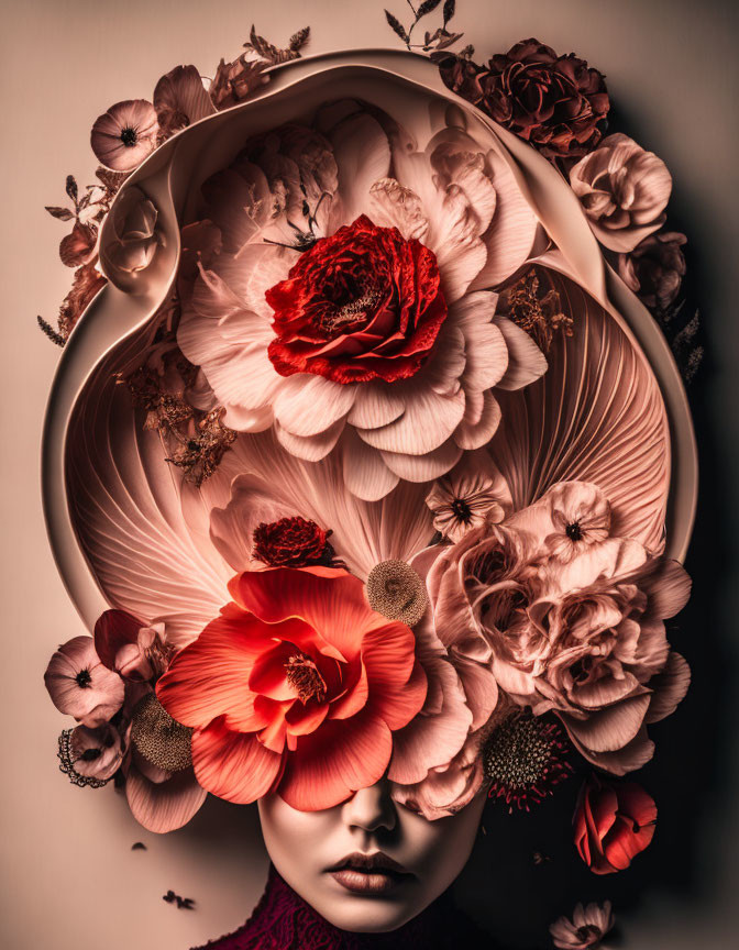 Portrait of Woman's Face Surrounded by Red and Pink Flowers