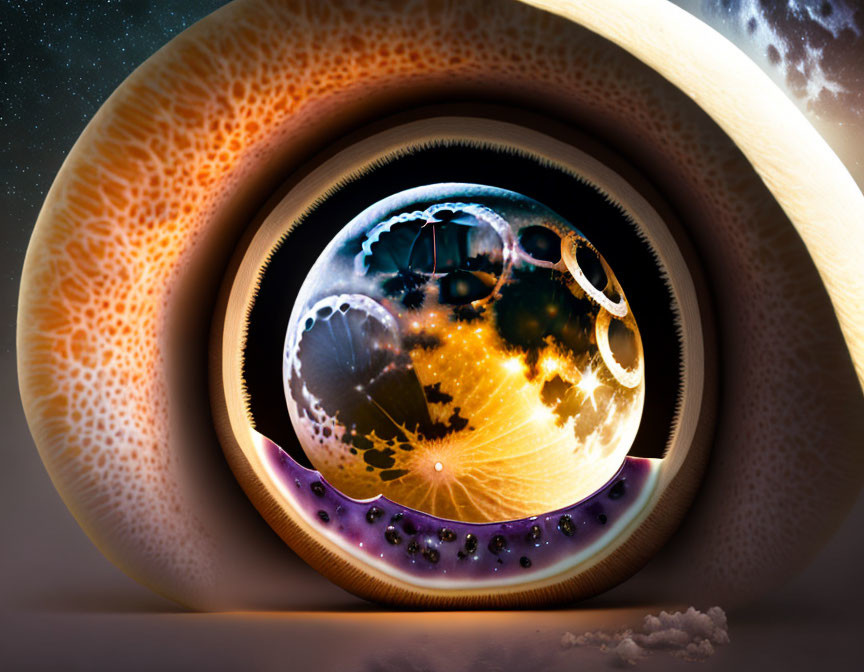 Surreal cosmic scene reflected in eye, featuring celestial bodies and gears.