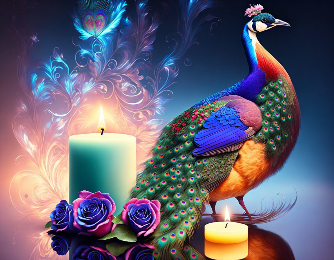 Colorful peacock with tail feathers, candles, roses, and feather patterns