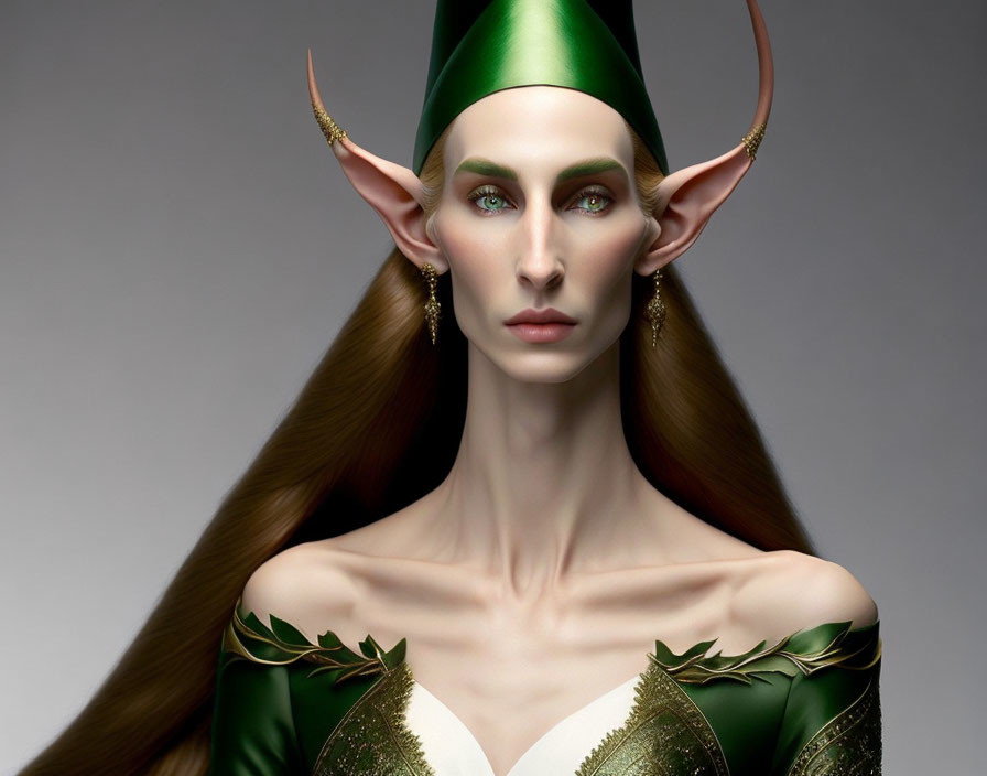 Female elf portrait with pointed ears, green eyes, and elaborate green and gold attire