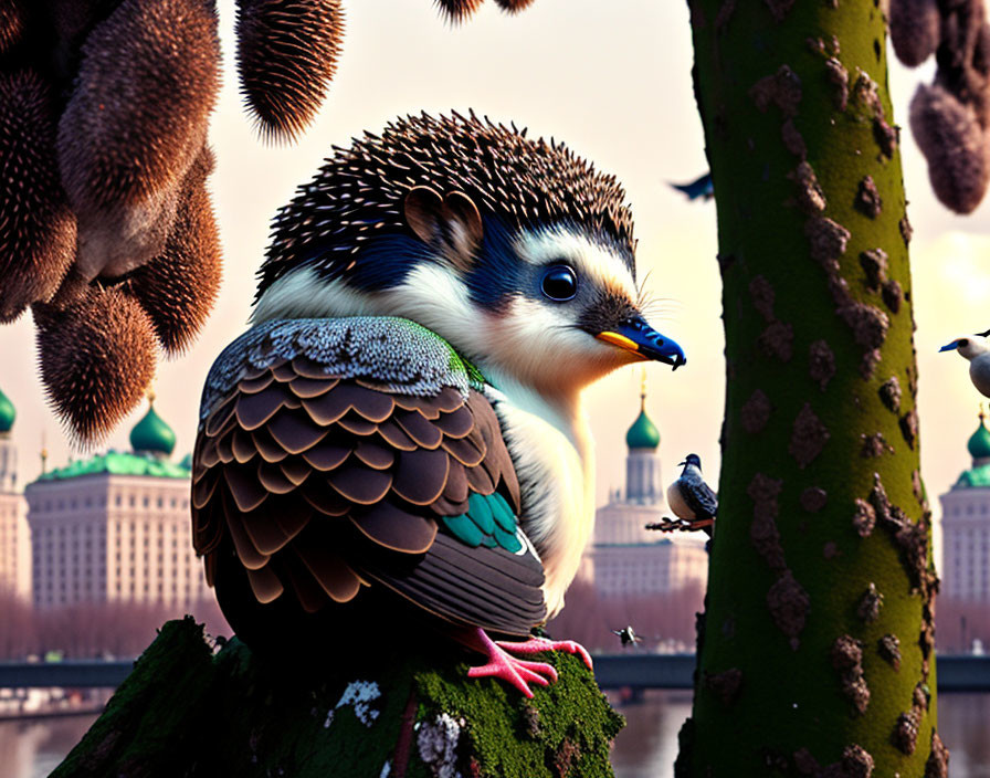 Hedgehog-like creature with bird features perched in urban park