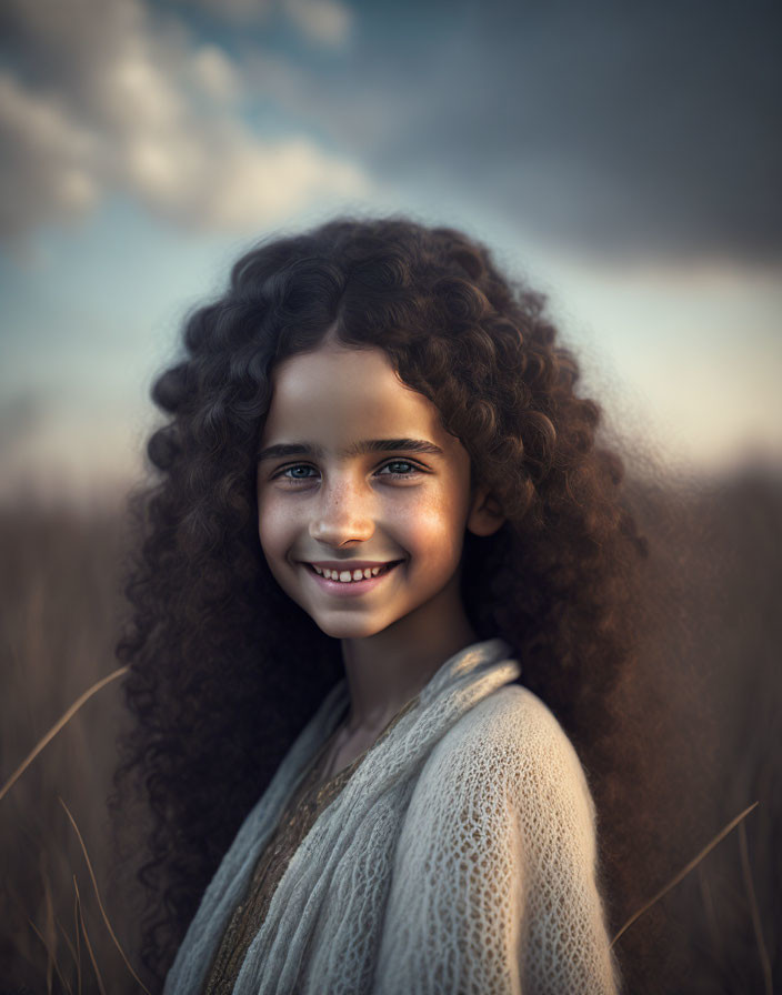 Curly-haired girl smiling in golden field at sunset