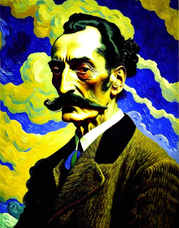 Man with Prominent Cheekbones in Stylized Portrait Against Van Gogh-Inspired Back