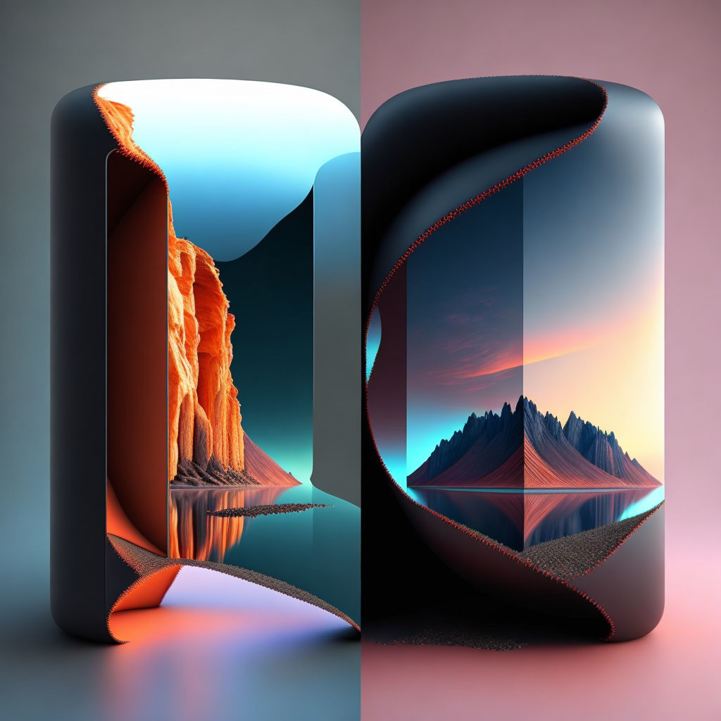 Surreal landscapes: sandy cliff by water and sharp mountains at sunset, depicted as curled paper