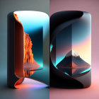 Surreal landscapes: sandy cliff by water and sharp mountains at sunset, depicted as curled paper