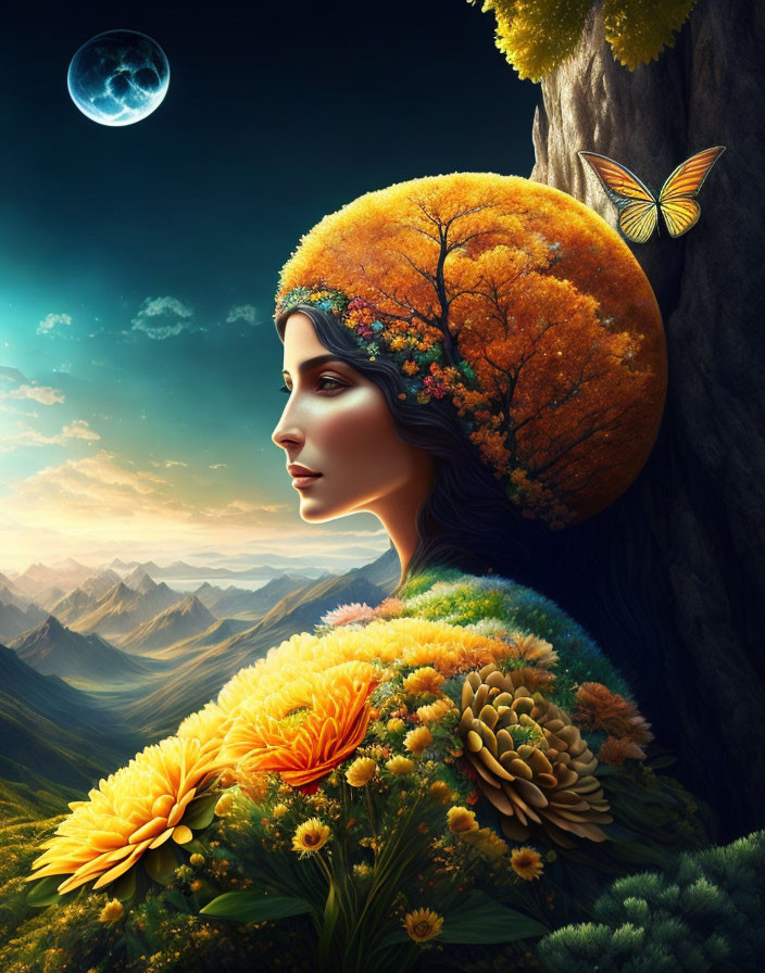 Surreal portrait of woman with tree canopy hair, flowers, butterfly, mountains, moonlit sky