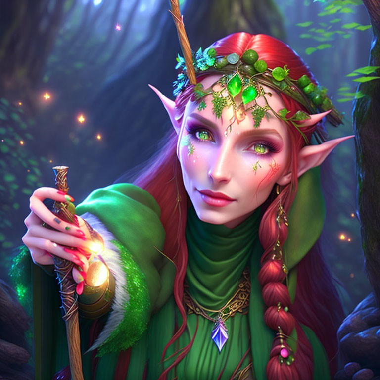 Red-haired elf with green eyes, leaf crown, and crystal staff