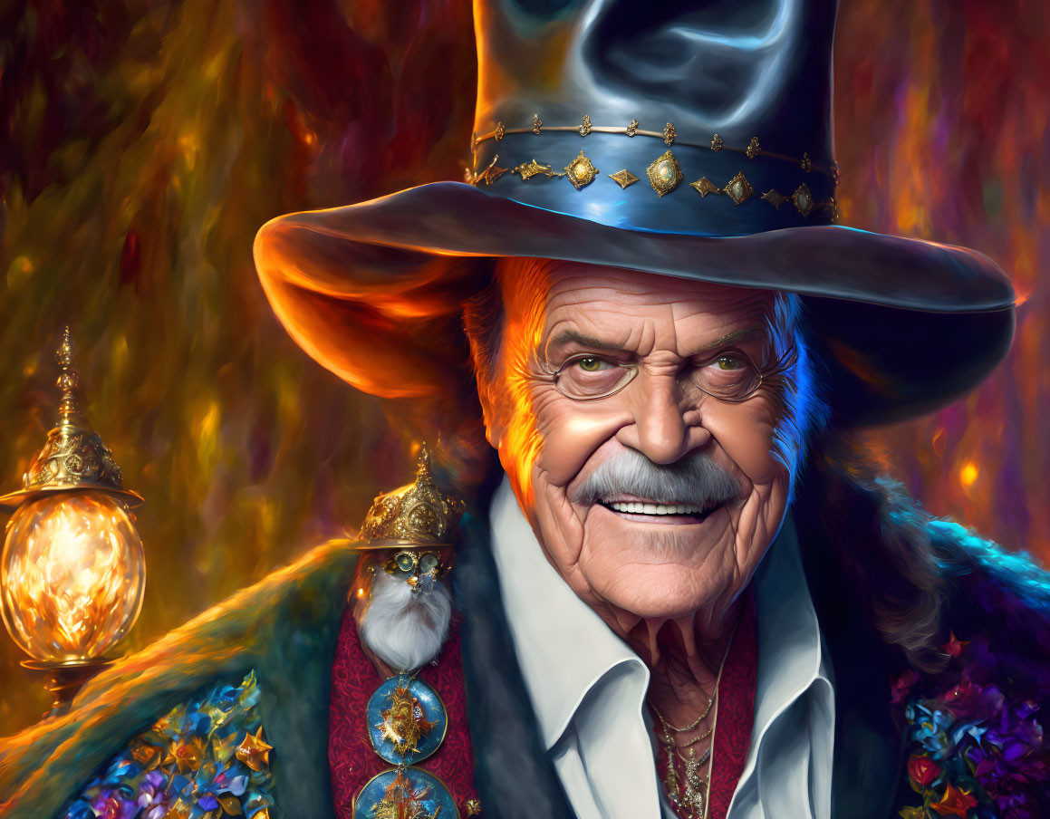 Colorful Portrait of Smiling Man in Blue Hat & Ornate Jacket