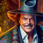 Colorful Portrait of Smiling Man in Blue Hat & Ornate Jacket