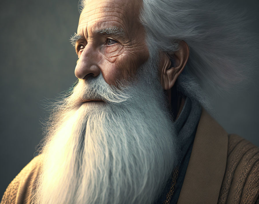 Elderly man with long white beard and coat gazing in contemplation