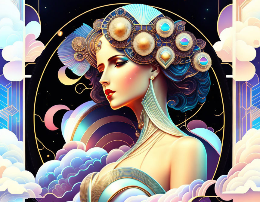 Cosmic-themed woman portrait with elaborate headwear and celestial elements