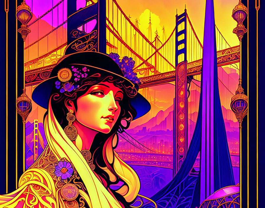 Colorful art of woman in hat with Golden Gate Bridge & cityscape in purple & yellow.